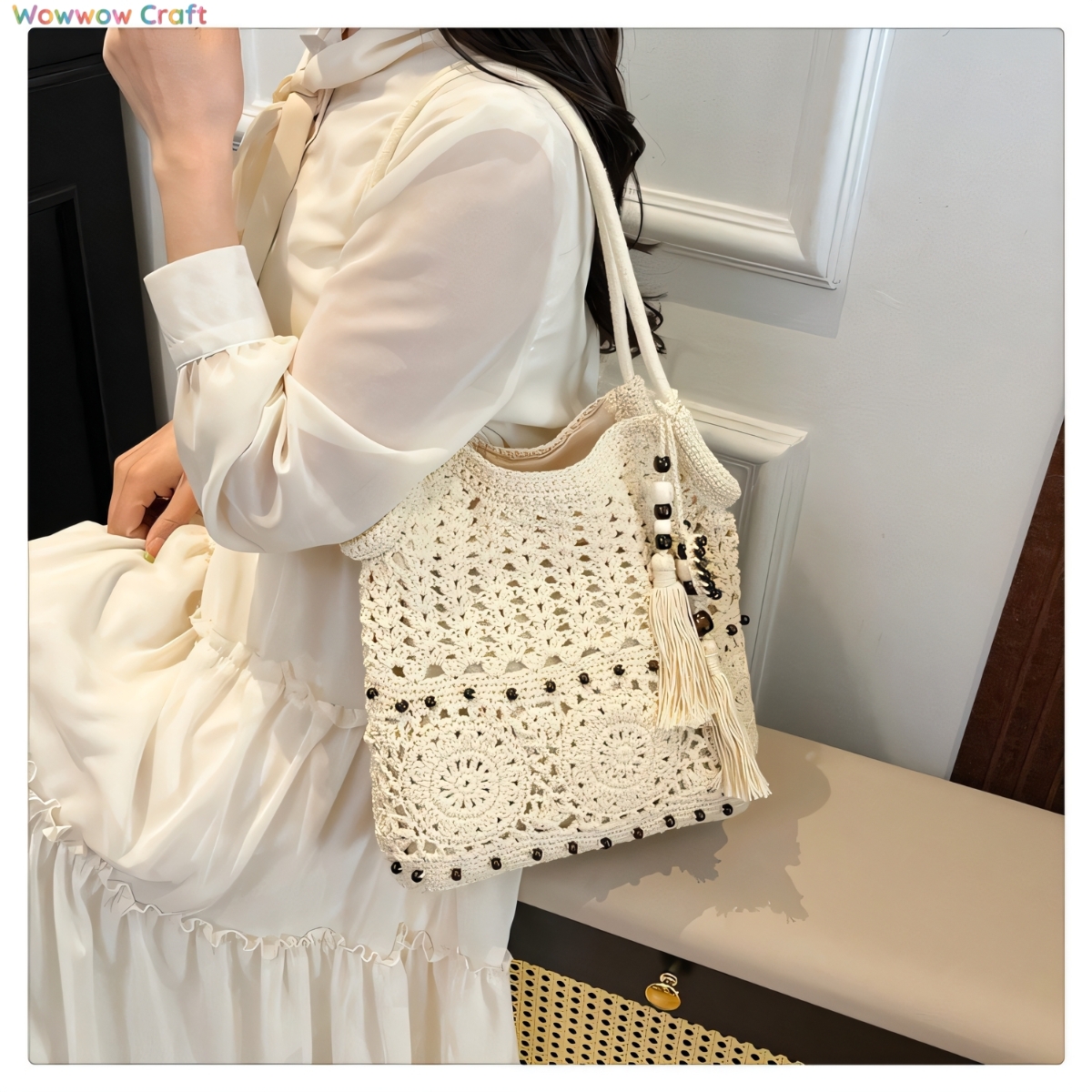 Shoulder Bags,Totes,Crochet Bags,Wooden Bead Tassel Crocheted Shoulder Bag - Handmade Crocheted Bag
